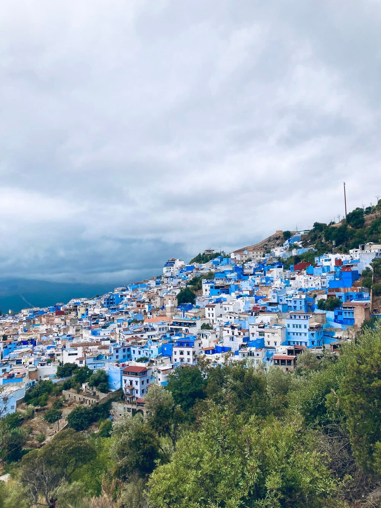The blue houses of Chefchaouen tiered at the foot of the Rif mountains