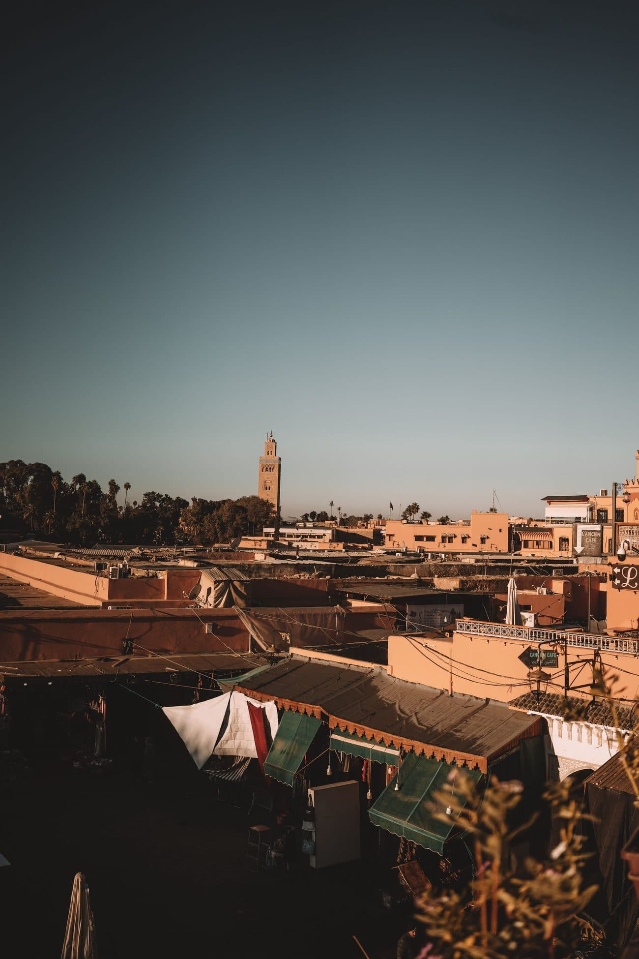 The Koutoubia minaret rising above the rooftops of the Marrakech medina at dusk