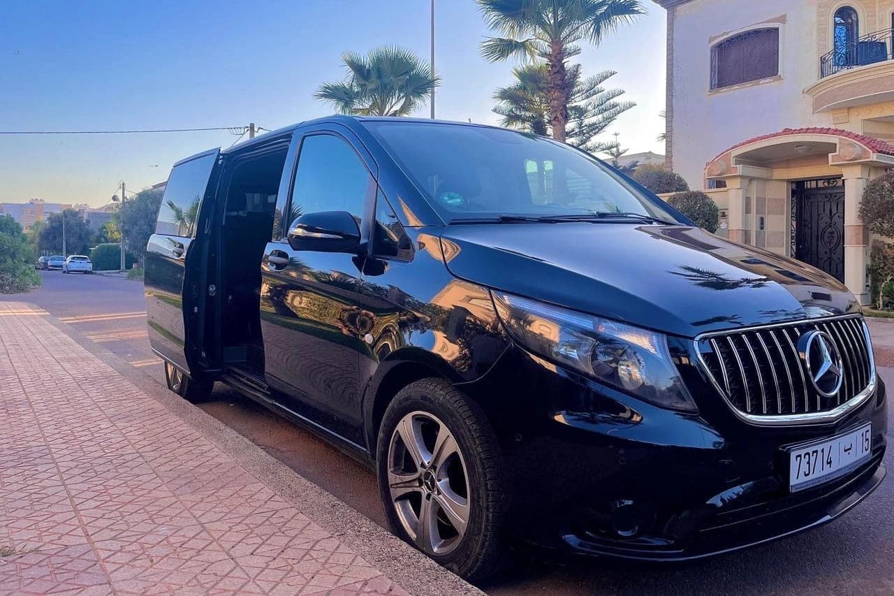 Black Mercedes-Benz Vito with its sliding side door open, on a palm-lined street in late afternoon light
